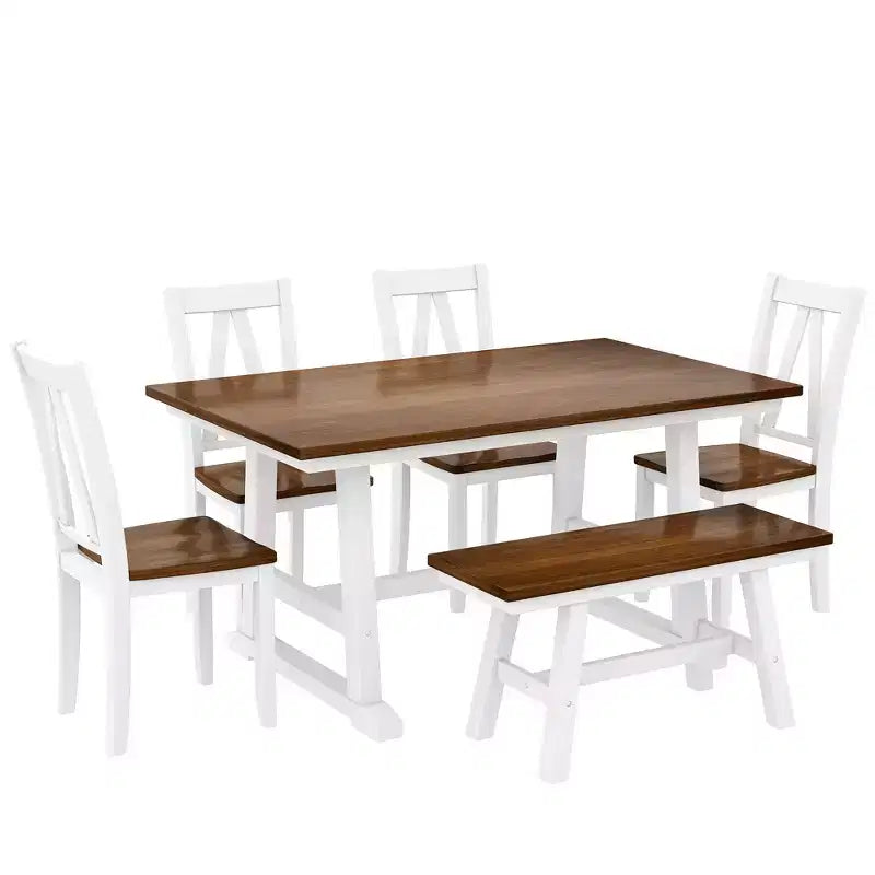 Set da 6 pezzi per tavolo da pranzo in legno stile rustico con panca lunga e 4 sedie da pranzo-ModernLuxe