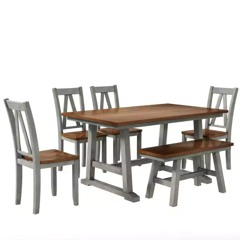 Set da 6 pezzi per tavolo da pranzo in legno stile rustico con panca lunga e 4 sedie da pranzo-ModernLuxe