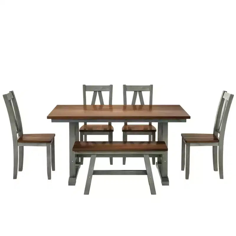 Set da 6 pezzi per tavolo da pranzo in legno stile rustico con panca lunga e 4 sedie da pranzo-ModernLuxe