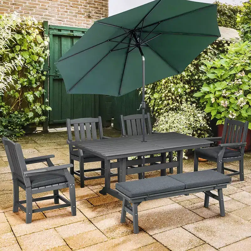 Set da pranzo da esterno Outsunny, tavolo da patio e sedie set da 6, mobili da conversazione con braccioli, panca divanetto, foro per ombrellone, cuscini