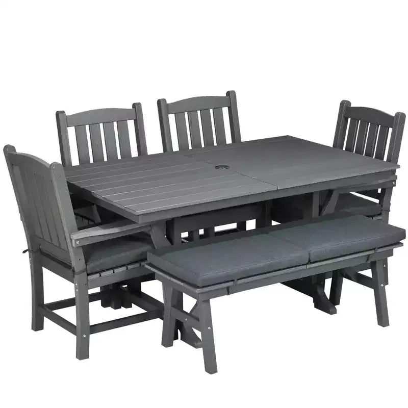 Set da pranzo da esterno Outsunny, tavolo da patio e sedie set da 6, mobili da conversazione con braccioli, panca divanetto, foro per ombrellone, cuscini