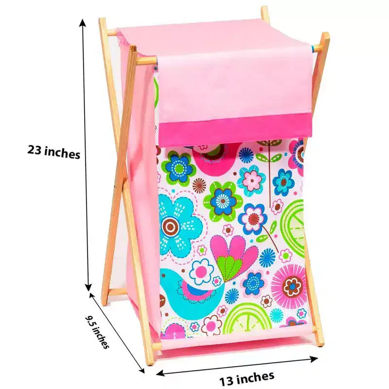 Cesta portabiancheria rosa botanico con telaio in legno