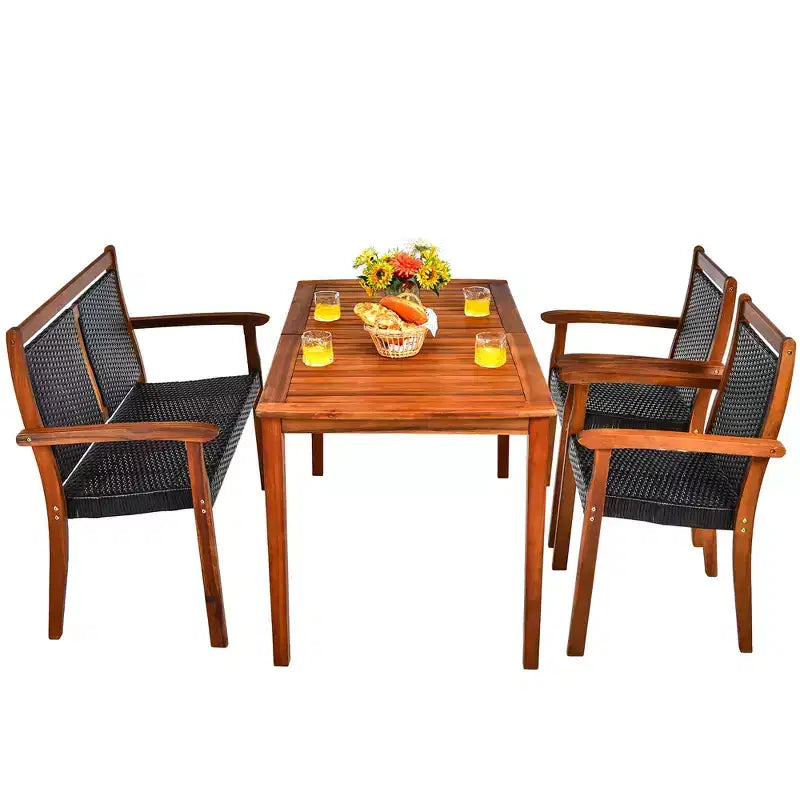 Costway Set di Mobili da Giardino 4 Pezzi in Rattan con Telaio in Legno di Acacia, Sedia Impilabile e Divanetto