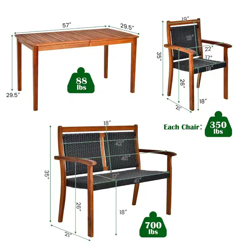 Costway Set di Mobili da Giardino 4 Pezzi in Rattan con Telaio in Legno di Acacia, Sedia Impilabile e Divanetto