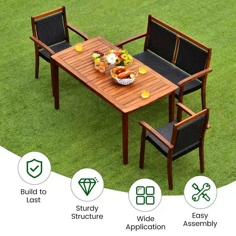 Costway Set di Mobili da Giardino 4 Pezzi in Rattan con Telaio in Legno di Acacia, Sedia Impilabile e Divanetto