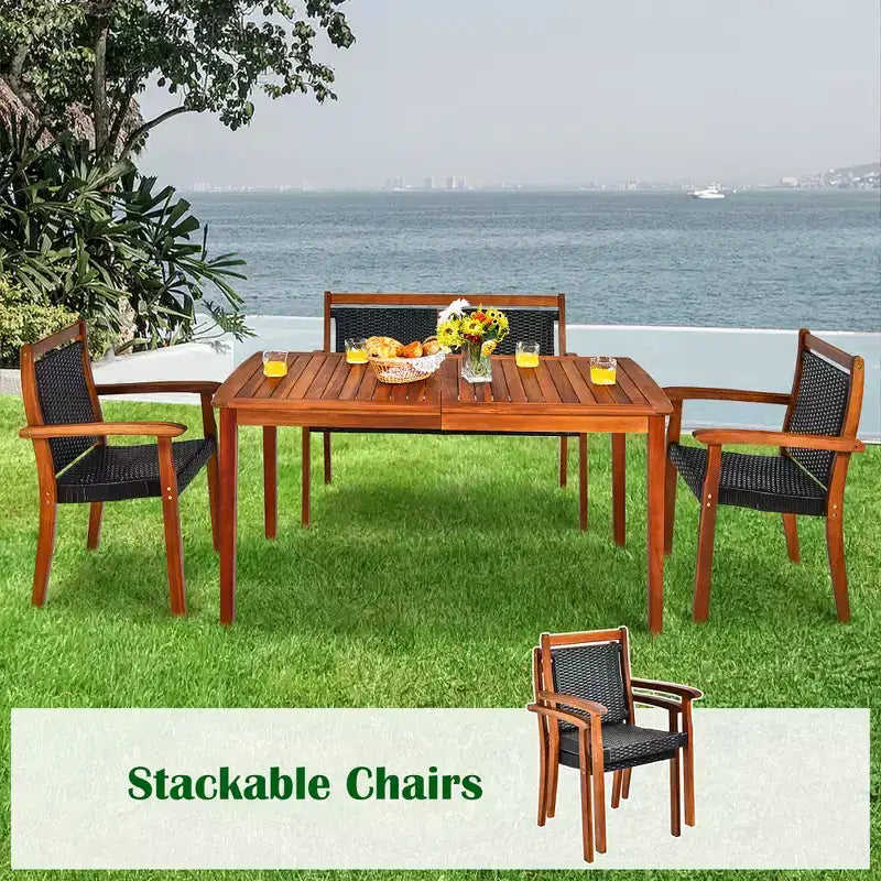 Costway Set di Mobili da Giardino 4 Pezzi in Rattan con Telaio in Legno di Acacia, Sedia Impilabile e Divanetto