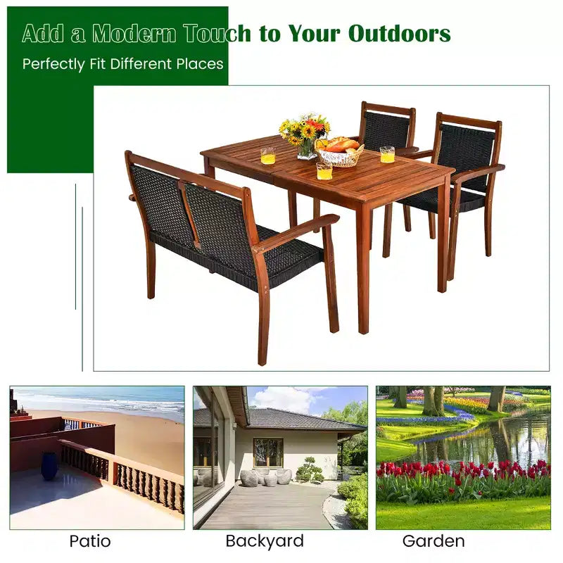 Costway Set di Mobili da Giardino 4 Pezzi in Rattan con Telaio in Legno di Acacia, Sedia Impilabile e Divanetto