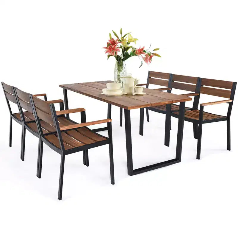 Costway Set da Tavolo da Pranzo per Esterni 7 Pezzi Brevettato in Legno di Acacia con Foro per Ombrellone