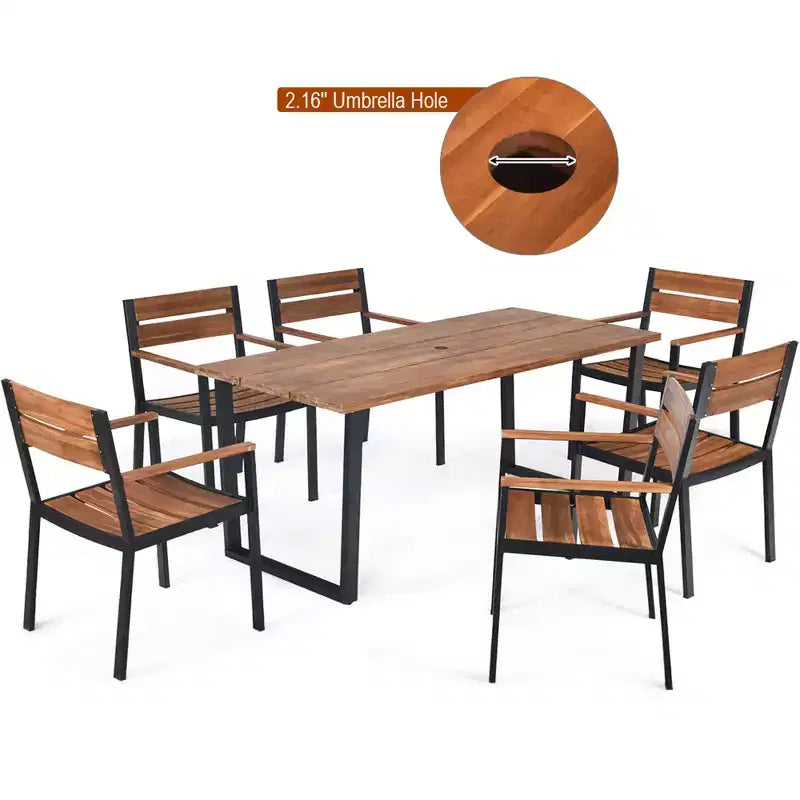 Costway Set da Tavolo da Pranzo per Esterni 7 Pezzi Brevettato in Legno di Acacia con Foro per Ombrellone