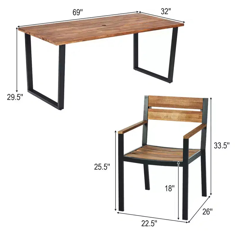 Costway Set da Tavolo da Pranzo per Esterni 7 Pezzi Brevettato in Legno di Acacia con Foro per Ombrellone