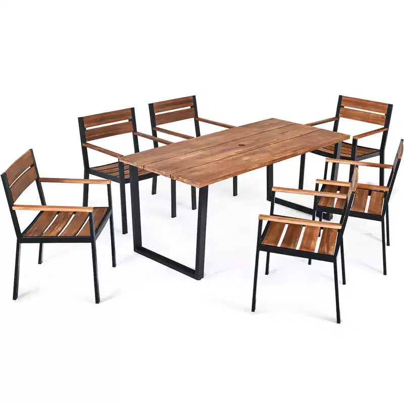 Costway Set da Tavolo da Pranzo per Esterni 7 Pezzi Brevettato in Legno di Acacia con Foro per Ombrellone