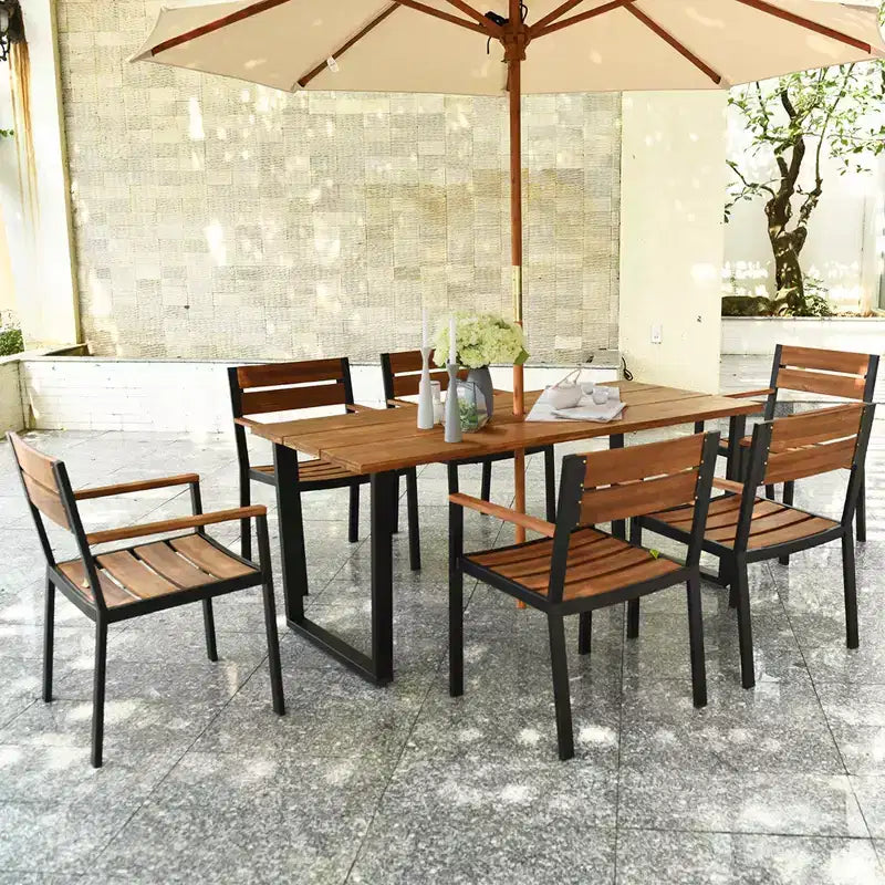 Costway Set da Tavolo da Pranzo per Esterni 7 Pezzi Brevettato in Legno di Acacia con Foro per Ombrellone