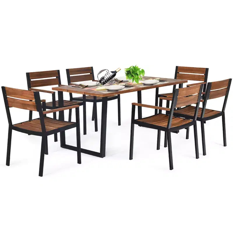 Costway Set da Tavolo da Pranzo per Esterni 7 Pezzi Brevettato in Legno di Acacia con Foro per Ombrellone