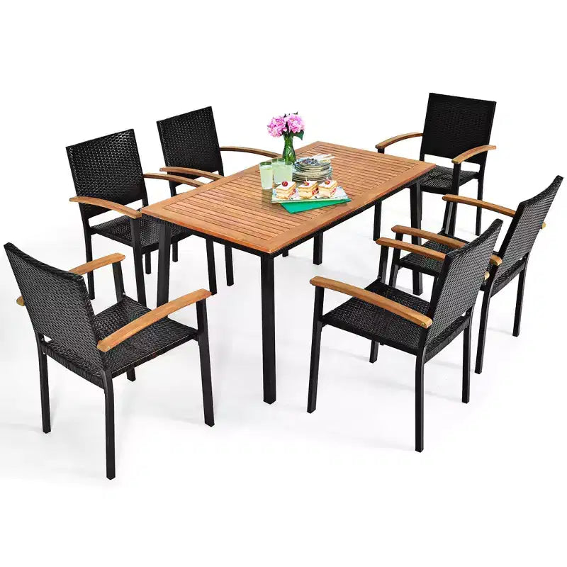 Costway Set da Pranzo da Giardino 7 Pezzi in Rattan, Tavolo con Piano in Legno di Acacia, Sedie Impilabili