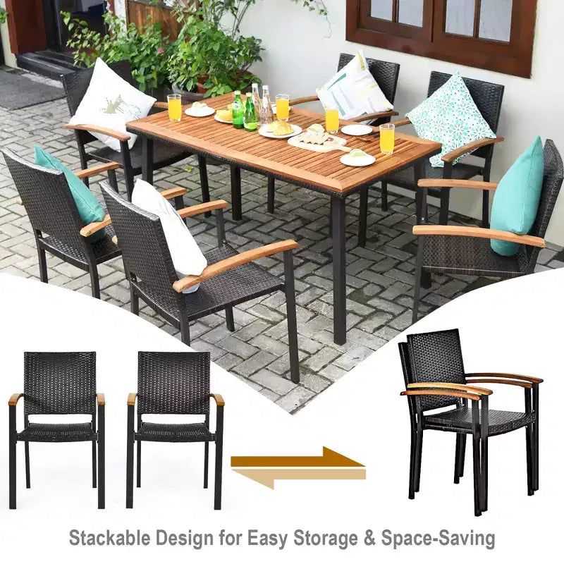 Costway Set da Pranzo da Giardino 7 Pezzi in Rattan, Tavolo con Piano in Legno di Acacia, Sedie Impilabili