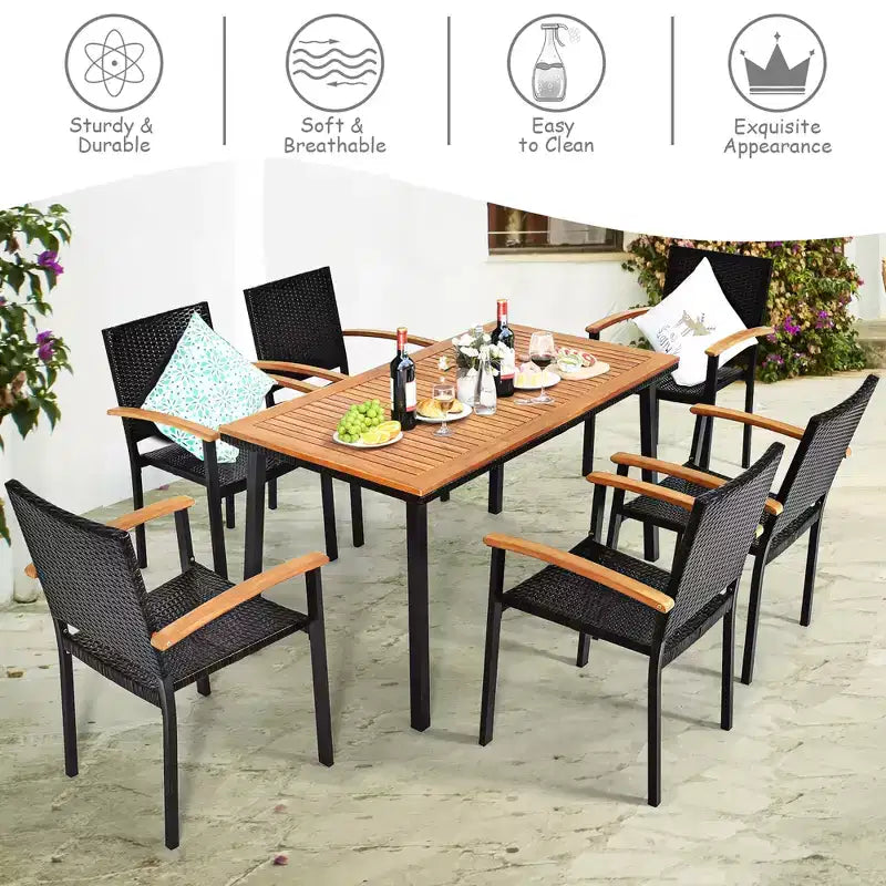 Costway Set da Pranzo da Giardino 7 Pezzi in Rattan, Tavolo con Piano in Legno di Acacia, Sedie Impilabili