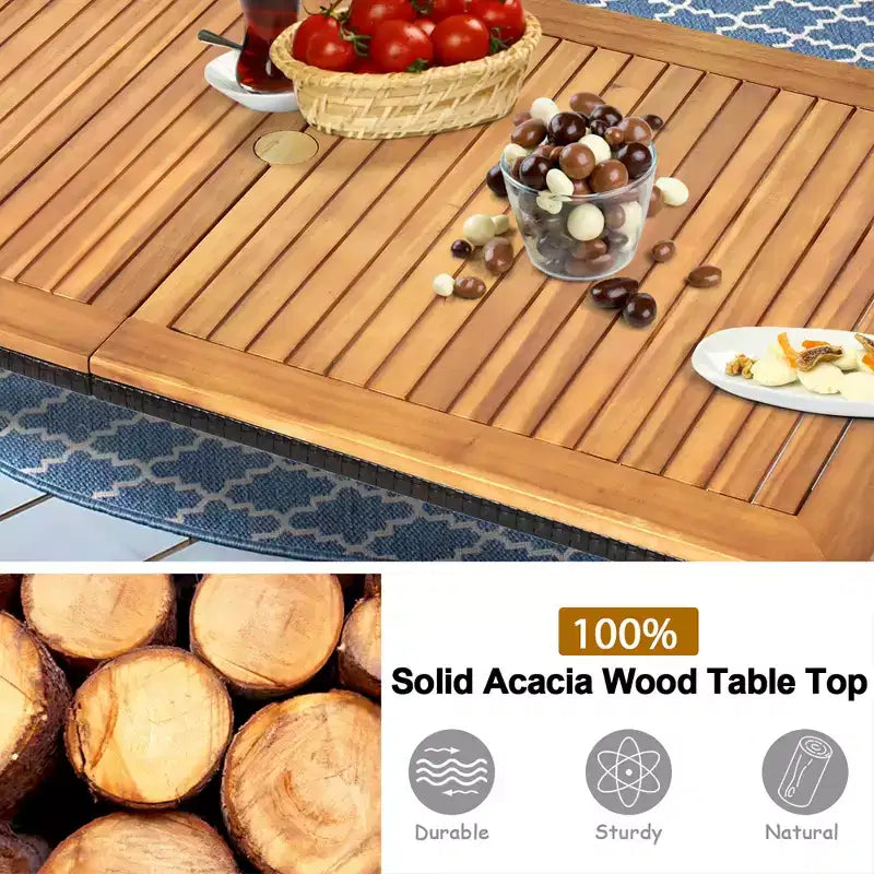 Costway Set da Pranzo da Giardino 7 Pezzi in Rattan, Tavolo con Piano in Legno di Acacia, Sedie Impilabili