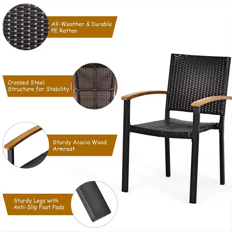 Costway Set da Pranzo da Giardino 7 Pezzi in Rattan, Tavolo con Piano in Legno di Acacia, Sedie Impilabili
