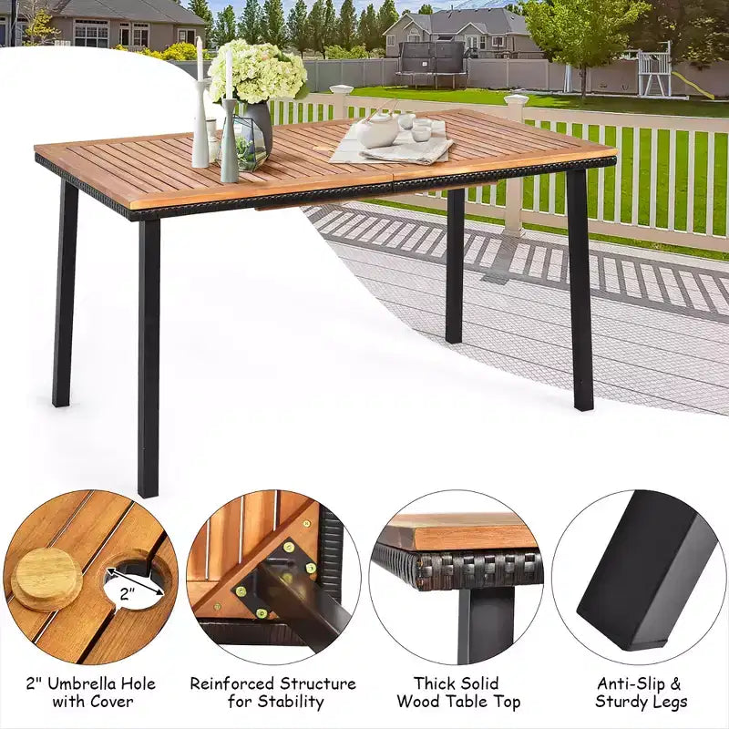 Costway Set da Pranzo da Giardino 7 Pezzi in Rattan, Tavolo con Piano in Legno di Acacia, Sedie Impilabili