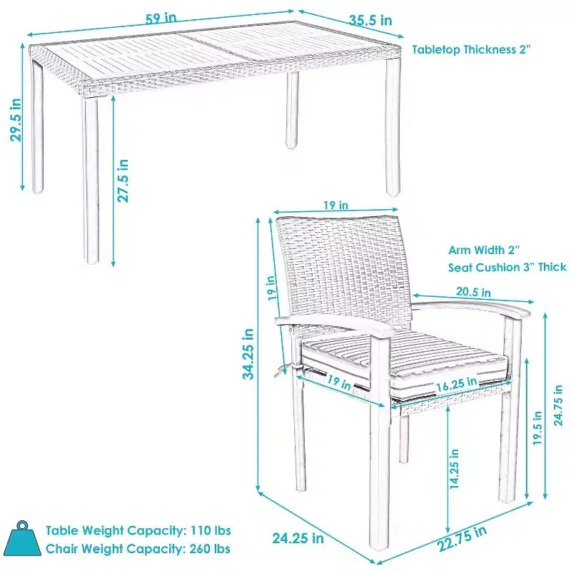Set da pranzo da esterno Carlow a 7 pezzi Sunnydaze in rattan e legno di acacia con tavolo, sedie e cuscini per le sedie