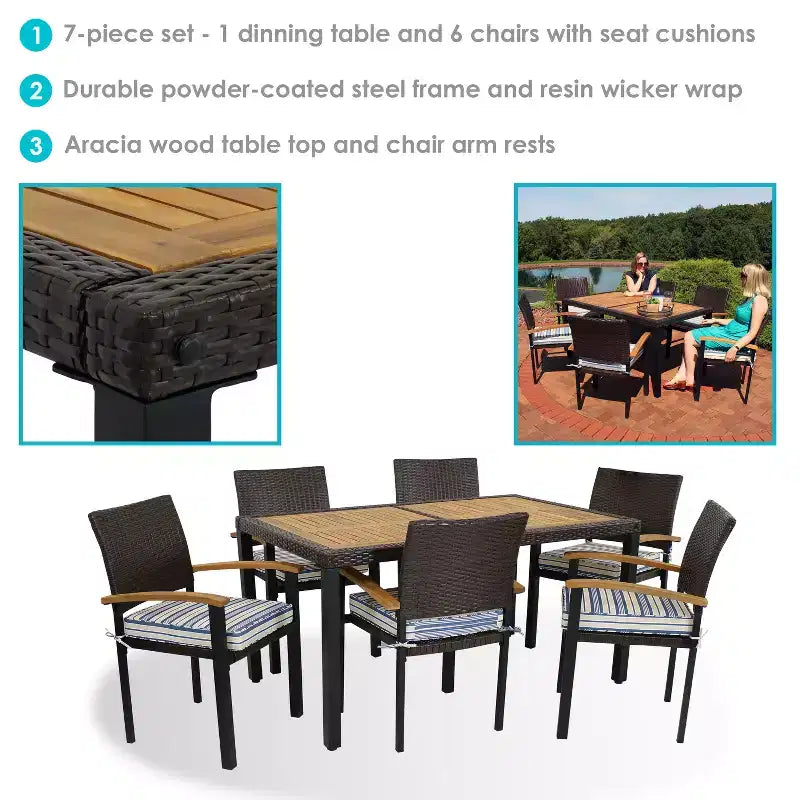 Set da pranzo da esterno Carlow a 7 pezzi Sunnydaze in rattan e legno di acacia con tavolo, sedie e cuscini per le sedie