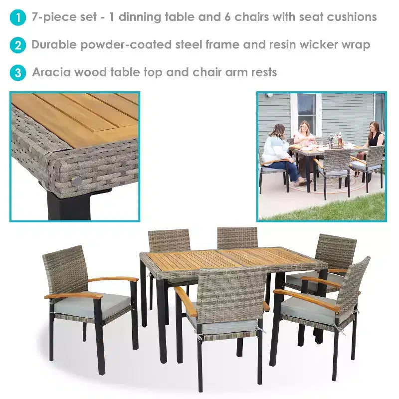 Set da pranzo da esterno Carlow a 7 pezzi Sunnydaze in rattan e legno di acacia con tavolo, sedie e cuscini per le sedie