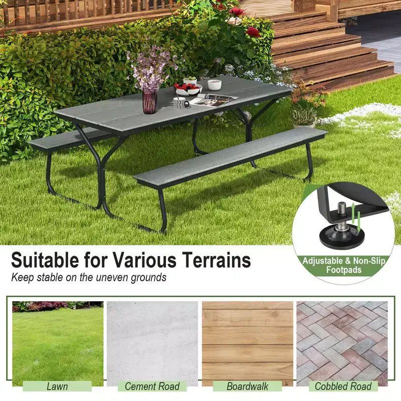 Set Tavolo da Picnic e Panche Costway da 1,8 m, da Esterno, in HDPE, Resistente, per 6-8 Persone, Marrone/Grigio