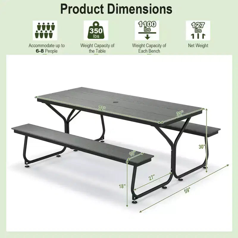 Set Tavolo da Picnic e Panche Costway da 1,8 m, da Esterno, in HDPE, Resistente, per 6-8 Persone, Marrone/Grigio