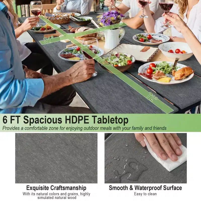 Set Tavolo da Picnic e Panche Costway da 1,8 m, da Esterno, in HDPE, Resistente, per 6-8 Persone, Marrone/Grigio