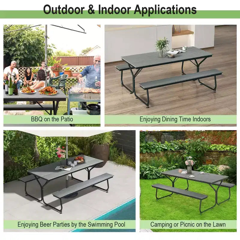 Set Tavolo da Picnic e Panche Costway da 1,8 m, da Esterno, in HDPE, Resistente, per 6-8 Persone, Marrone/Grigio
