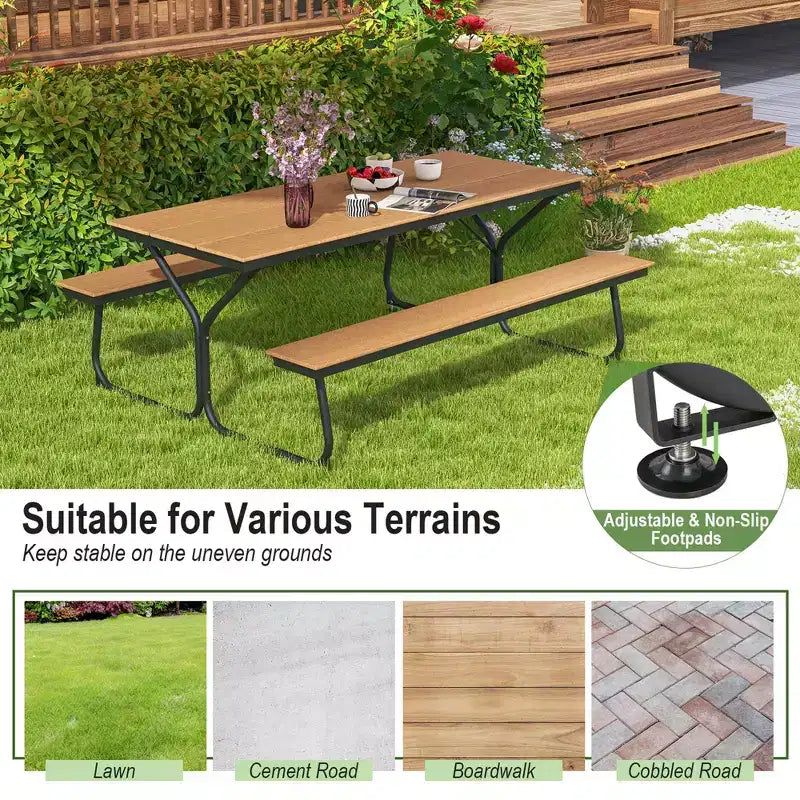 Set Tavolo da Picnic e Panche Costway da 1,8 m, da Esterno, in HDPE, Resistente, per 6-8 Persone, Marrone/Grigio