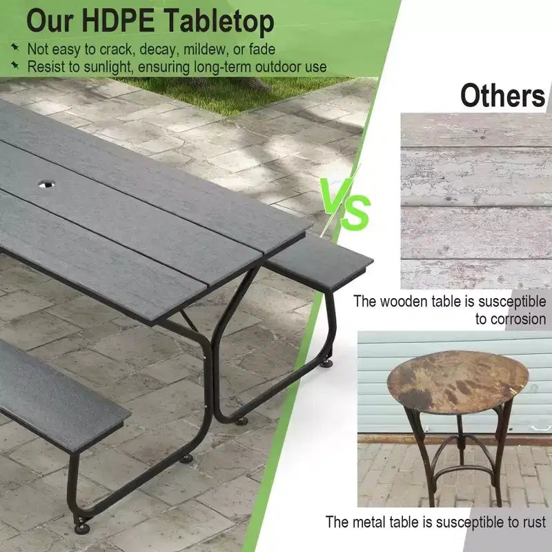 Set Tavolo da Picnic e Panche Costway da 1,8 m, da Esterno, in HDPE, Resistente, per 6-8 Persone, Marrone/Grigio