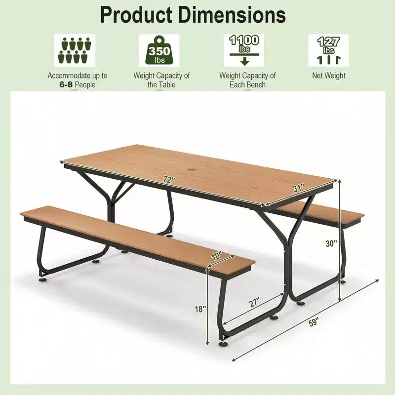 Set Tavolo da Picnic e Panche Costway da 1,8 m, da Esterno, in HDPE, Resistente, per 6-8 Persone, Marrone/Grigio