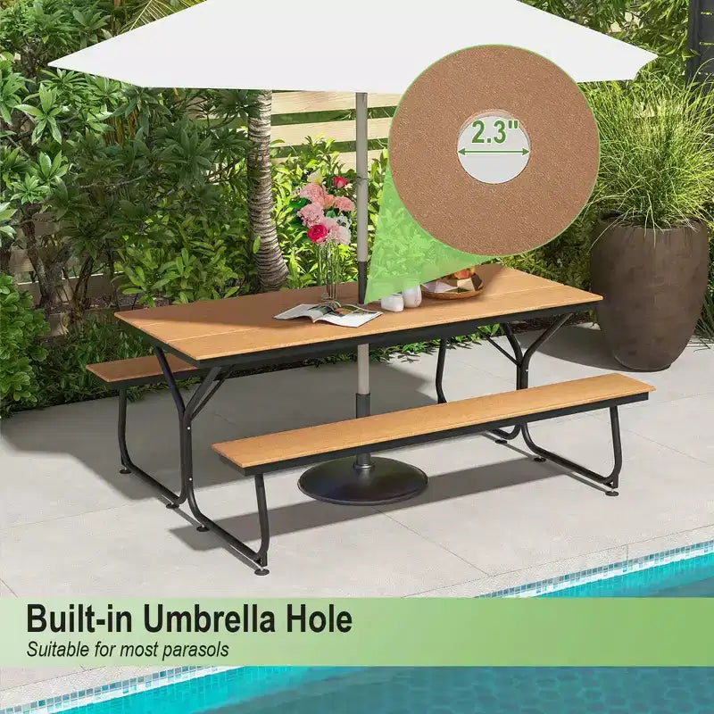 Set Tavolo da Picnic e Panche Costway da 1,8 m, da Esterno, in HDPE, Resistente, per 6-8 Persone, Marrone/Grigio