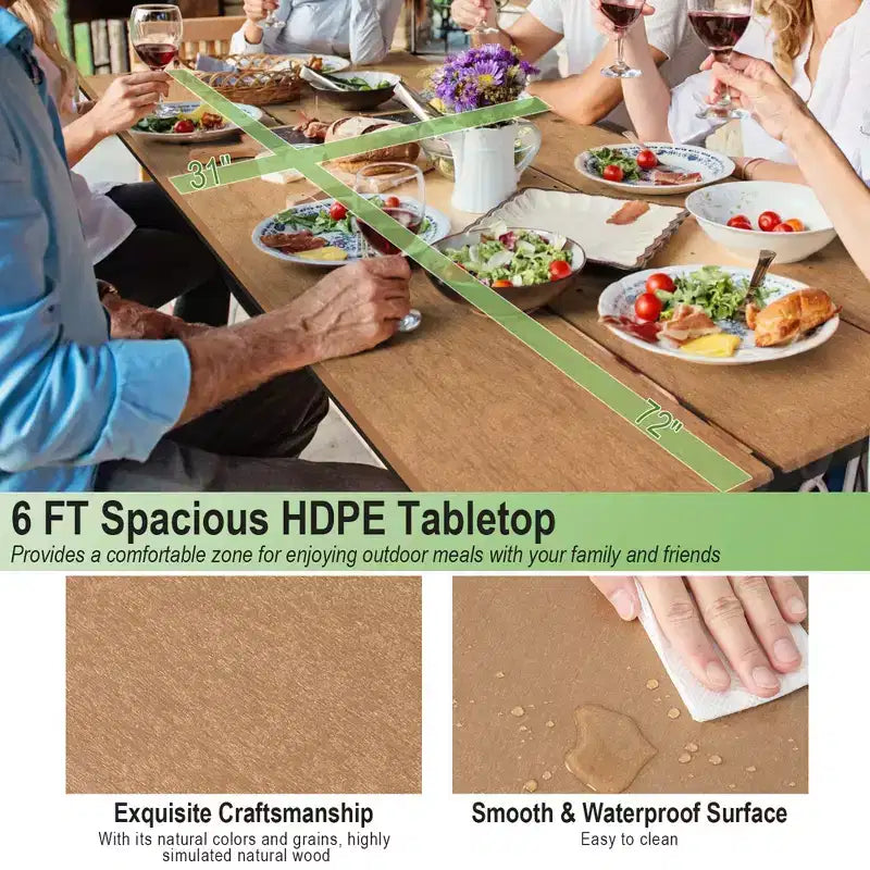 Set Tavolo da Picnic e Panche Costway da 1,8 m, da Esterno, in HDPE, Resistente, per 6-8 Persone, Marrone/Grigio