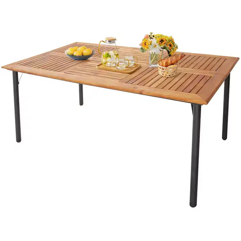Costway Set da Pranzo da Esterno 5 Pezzi in Vimini Cuscino Poltrone in Legno di Acacia Tavolo con Foro per Ombrellone