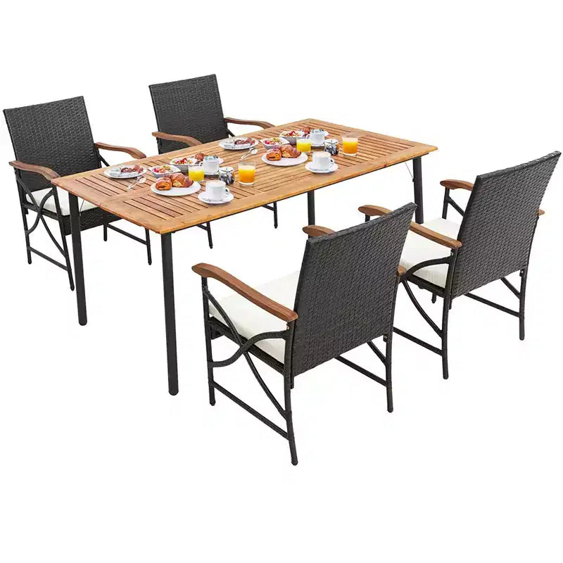 Costway 7PCS Patio Wicker Dining Set Cushion Acacia Wood Armrests Table with Umbrella Hole