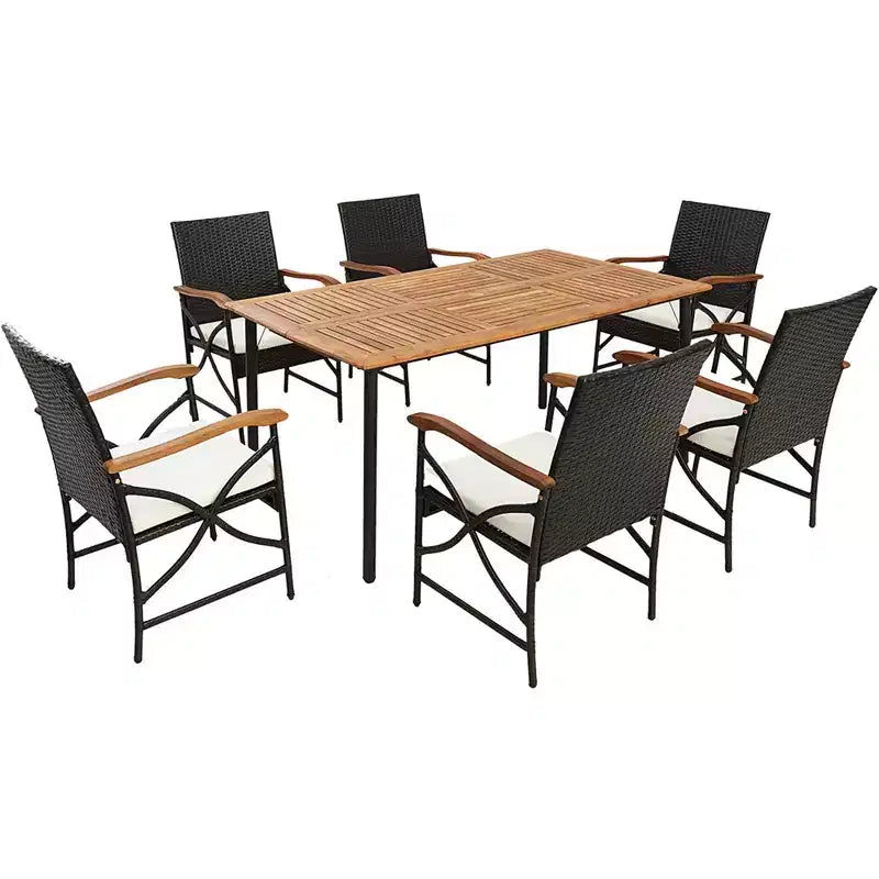 Costway Set da Pranzo da Giardino 7 Pezzi in Rattan con Cuscino Braccioli in Legno di Acacia Tavolo con Foro per Ombrellone