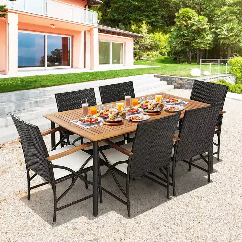 Costway Set da Pranzo da Giardino 7 Pezzi in Rattan con Cuscino Braccioli in Legno di Acacia Tavolo con Foro per Ombrellone