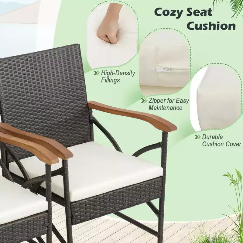 Costway Set da Pranzo da Giardino 7 Pezzi in Rattan con Cuscino Braccioli in Legno di Acacia Tavolo con Foro per Ombrellone