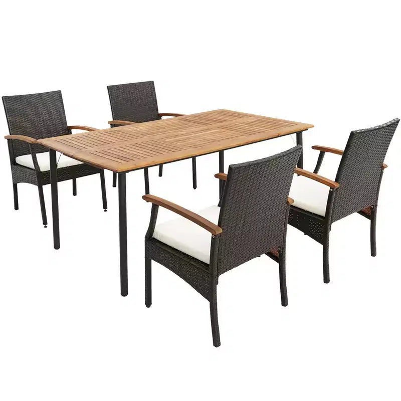 Set da Pranzo da Esterno Costway 7 Pezzi con Cuscino, Braccioli in Legno di Acacia, Tavolo con Foro per Ombrellone