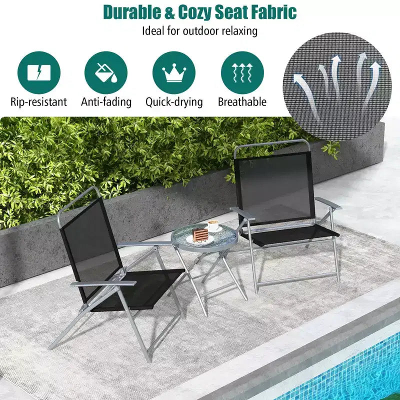 Costway Set 3 Pezzi Pieghevole Tavolo e Sedie da Giardino, Sedile Extra-Large, Struttura in Metallo, Portatile per Esterni