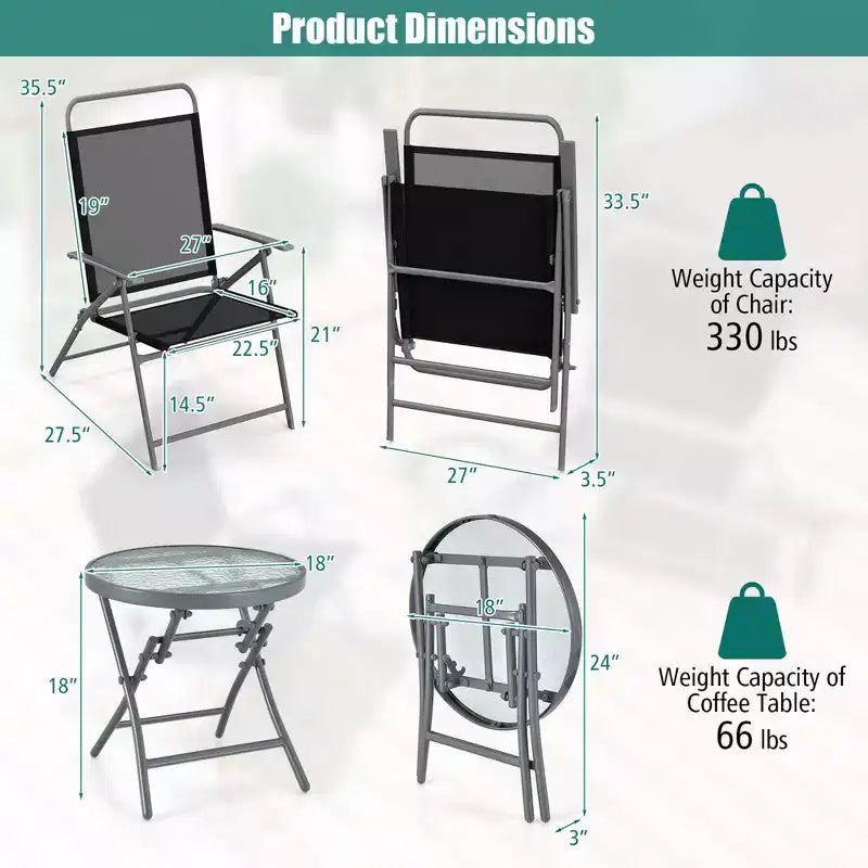 Costway Set 3 Pezzi Pieghevole Tavolo e Sedie da Giardino, Sedile Extra-Large, Struttura in Metallo, Portatile per Esterni