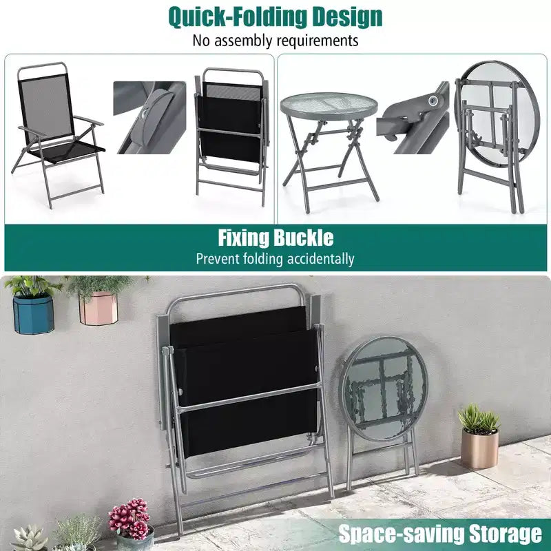 Costway Set 3 Pezzi Pieghevole Tavolo e Sedie da Giardino, Sedile Extra-Large, Struttura in Metallo, Portatile per Esterni