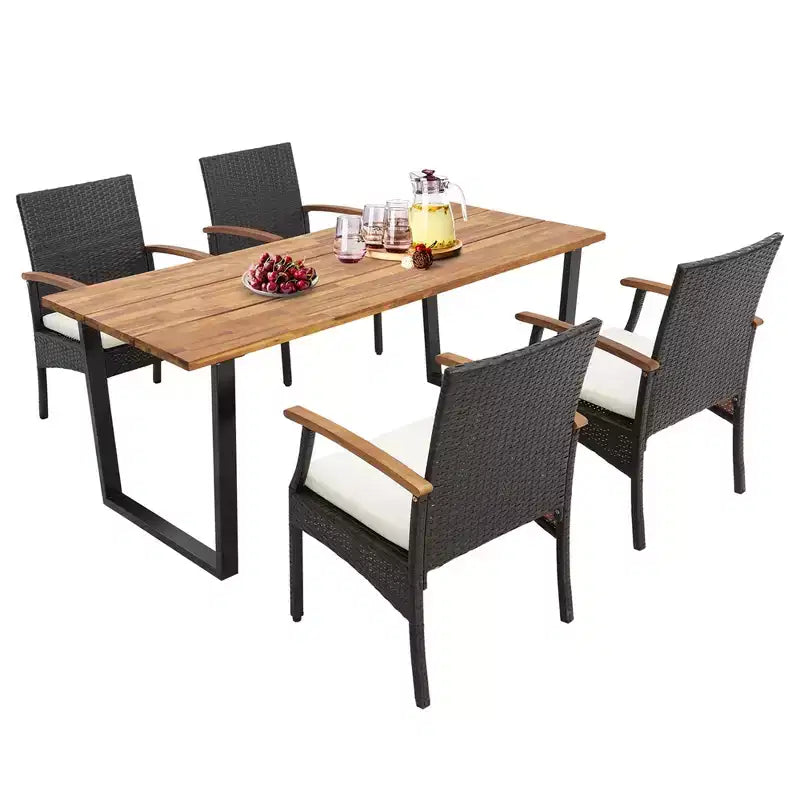 Costway Set da Pranzo da Esterno 5 Pezzi in Rattan, Tavolo in Legno di Acacia e 4 Sedie in Vimini con Foro per Ombrellone