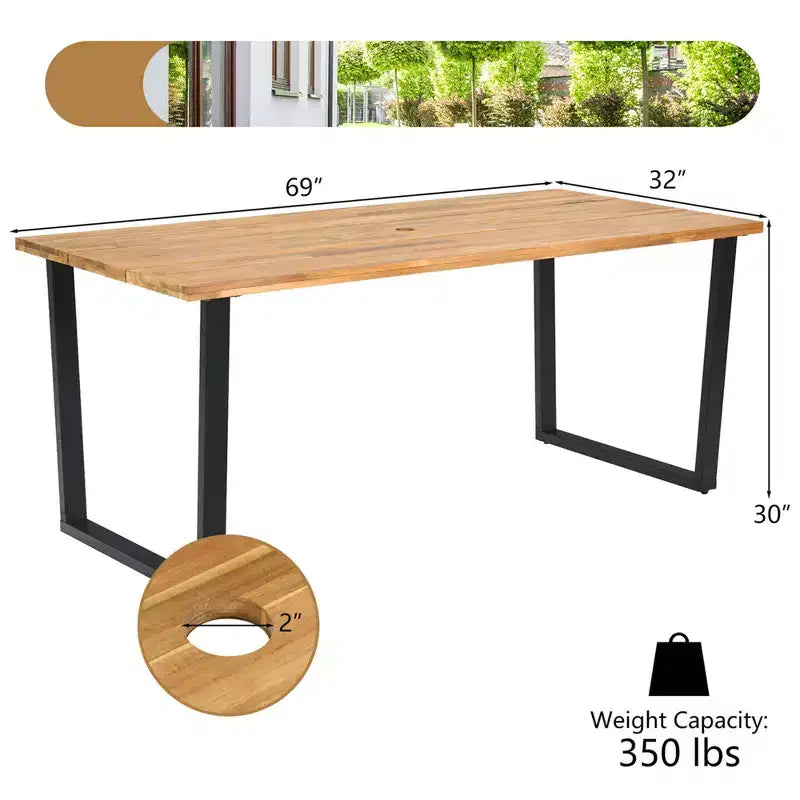 Costway Set da Pranzo da Esterno 5 Pezzi in Rattan, Tavolo in Legno di Acacia e 4 Sedie in Vimini con Foro per Ombrellone