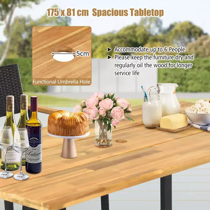 Costway Set da Pranzo da Esterno 5 Pezzi in Rattan, Tavolo in Legno di Acacia e 4 Sedie in Vimini con Foro per Ombrellone