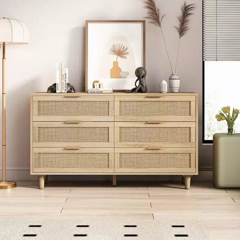 Cassettiera a 6 cassetti in Rattan per Salotto e Camera da letto, Naturale -