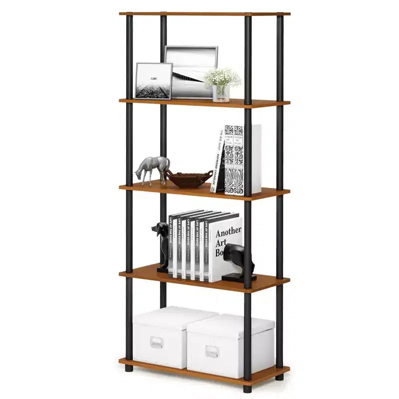 Scaffale decorativo alto a 5 ripiani, libreria portaoggetti con mensole aperte multiuso, espositore per soggiorno e ufficio, ciliegio chiaro/nero