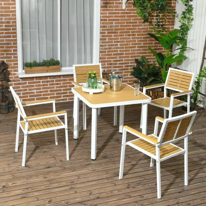 Outsunny Set da 5 Pezzi Tavolo e Sedie da Esterno, Set da Pranzo per Patio in Alluminio per 4 Persone con Tavolo da Pranzo in HDPE con Foro per Ombrellone Giallo